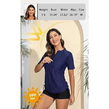 Halcurt Women's Half Zip Short Sleeve Rash Guard Swimsuit Top Ruched Swim Shirt UPF50+ Quick Dry Bathing Suit Navy L