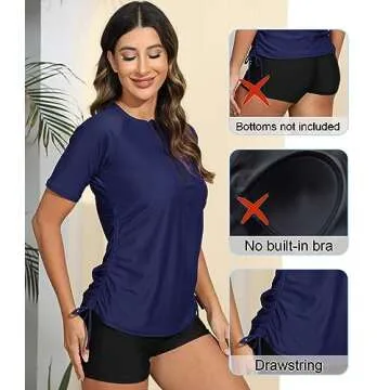 Halcurt Women's Half Zip Short Sleeve Rash Guard Swimsuit Top Ruched Swim Shirt UPF50+ Quick Dry Bathing Suit Navy L