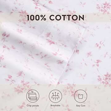 Laura Ashley Home - Queen Sheets, Soft Sateen Cotton Bedding Set - Sleek, Smooth, & Breathable Home Decor, Garden Muse Pink