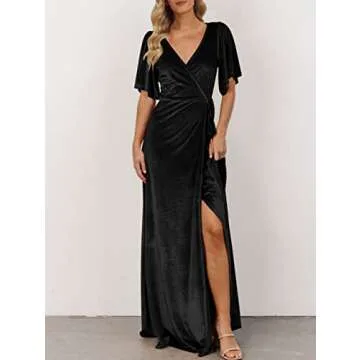 MEROKEETY Women's Short Sleeve Vintage Velvet Long Dress Sexy Boho Wedding Guest Evening Maxi Dresse...
