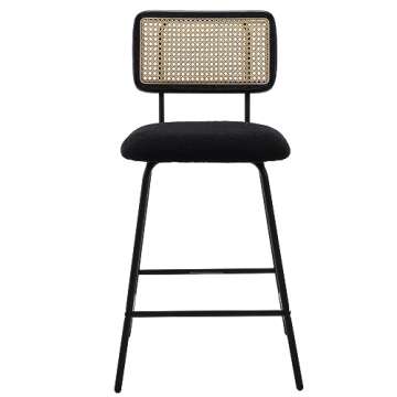 ZH4YOU Rattan Counter Height Bar Stools, 26'' Modern Boucle Counter Stools with Cane Back, Wicker Counter Stools for Kitchen/Home Bar/Restaurant, Set of 2, Black Sherpa
