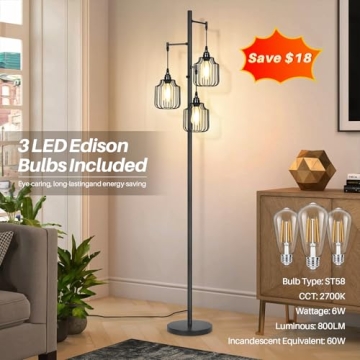Dimmable Industrial Floor Lamp with 3 Edison Bulbs