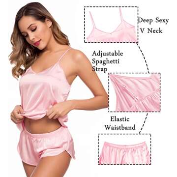 SWOMOG Womens Silk Satin Pajamas Sets 4pcs Sleepwear Sexy Cami Shorts Set and Button Down Short Sleeve Pjs Loungewear Pink X-Small