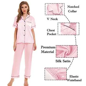 SWOMOG Womens Silk Satin Pajamas Sets 4pcs Sleepwear Sexy Cami Shorts Set and Button Down Short Sleeve Pjs Loungewear Pink X-Small