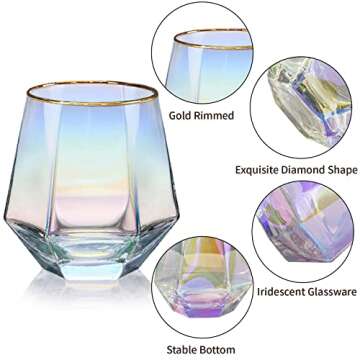 XKXKKE Diamond Wine Glasses Set of 2, 10 OZ Modern Stemless Gold Rim Glass Cups Iridescent Drinking ...