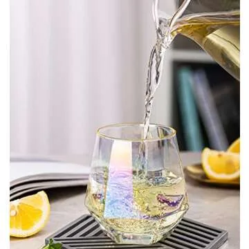 XKXKKE Diamond Wine Glasses Set of 2, 10 OZ Modern Stemless Gold Rim Glass Cups Iridescent Drinking Glassware for Serving Party, Home, Bar, Restaurants, Gift, Rainbow Tumbler, Colorful 2 Pack