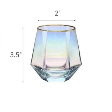 XKXKKE Diamond Wine Glasses Set of 2, 10 OZ Modern Stemless Gold Rim Glass Cups Iridescent Drinking Glassware for Serving Party, Home, Bar, Restaurants, Gift, Rainbow Tumbler, Colorful 2 Pack