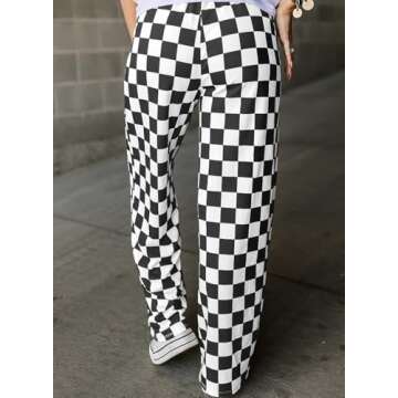 Acelitt Women's Casual Checkered Pants - Lightweight Elastic Waist Wide Leg Trousers for Beach & Cas...