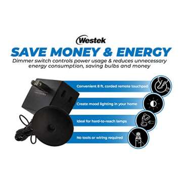 Westek Plug in Dimmer Switch for Lamps, 2 Pack - Plug in Dimmer Switch with Touch Lamp Switch - 200W, 3 Level Dimmer - Ideal for Bedside and Hard to Reach Lamps - (6043BC)