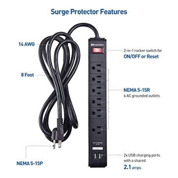 [ETL Listed] Cable Matters 2-Pack 6-Outlet Surge Protector Power Strip with USB Ports, 8 ft, Long Ex...