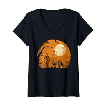 Womens Star Wars Droids Halloween Orange Hue Death Star Portrait V-Neck T-Shirt