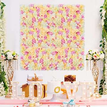 Pauwer Artificial Flower Wall Panels 2 Pack of 16 x 24" Flower Wall Mat Silk Rose Flower Panels for Backdrop Wedding Wall Decoration (Pink+Champagne)