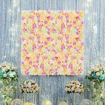 Pauwer Artificial Flower Wall Panels 2 Pack of 16 x 24" Flower Wall Mat Silk Rose Flower Panels for Backdrop Wedding Wall Decoration (Pink+Champagne)