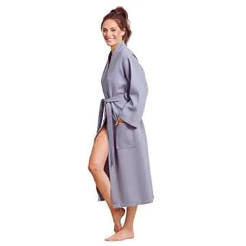 Luxurious Robe Soft Absorbent Lightweight Long Kimono Waffle Spa Bathrobe for Women, Grey, X-Large