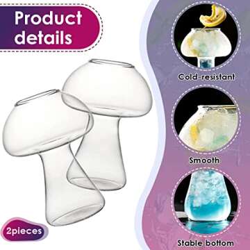 ARECHIC Mushroom Glass, Creative Mushroom Cocktail Glass, Clear Mushroom Shaped Glass Cups Set of 2, Cool Wine Glasses for Party, Novelty Mushroom Glasses Drinking for KTV Bar Club, Holds 8.5 oz
