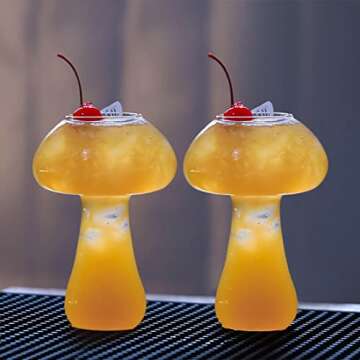 ARECHIC Mushroom Glass, Creative Mushroom Cocktail Glass, Clear Mushroom Shaped Glass Cups Set of 2, Cool Wine Glasses for Party, Novelty Mushroom Glasses Drinking for KTV Bar Club, Holds 8.5 oz