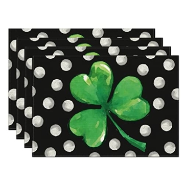 St. Patrick's Day Shamrock Placemats Set of 4,12x18 Inch Lucky Clover with White Dots Heat-Resistant...