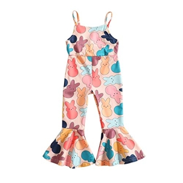 GLIGLITTR Easter Outfits for Toddler Baby Girls Bell Bottoms Romper Bunny Floral Jumpsuit Cute One P...