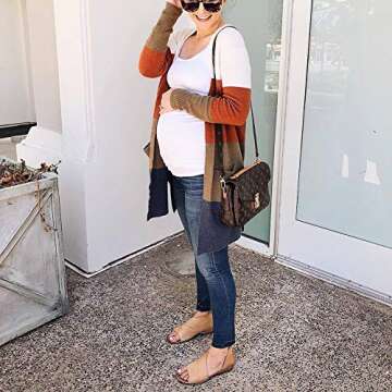 JUNBOON Women's Striped Long Sleeve Open Front Knit Cardigan Casual Pullover Sweater Orange