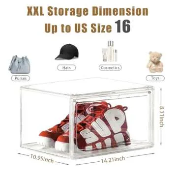 5 Pack Clear Stackable Shoe Organizer Box with Lids, Acrylic Shoes Box with Magnetic Doors, Transparent Shoe Storage Bins Closet Organizers, Shoes Containers For Sneaker Display, Fit up to US Size16