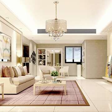 Edvivi Drum Crystal Chandelier 6 Lights Glam Lighting Fixture with Gold Finish, Hanging Tear Drop Crystals, Adjustable Hanging Dining Light for Entryway, Kitchen, Hallway, Living Room and Bedroom