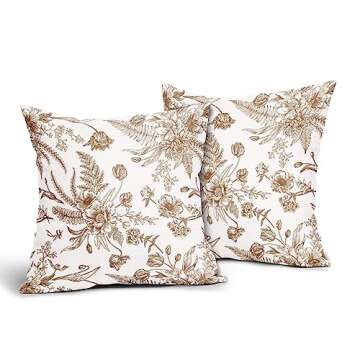Brown and White Flowers Pillow Covers 2 Packs 18x18 Inch Vintage Brown Flowers Throw Pillowcase Cott...