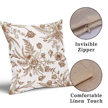 Brown and White Flowers Pillow Covers 2 Packs 18x18 Inch Vintage Brown Flowers Throw Pillowcase Cotton Linen Decorative Morden Floral Outdoor Cushion Cover for Patio Sofa Bedroom Indoor Outdoor Party
