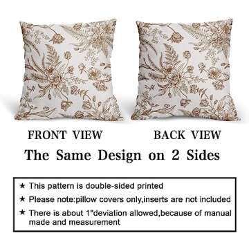 Brown and White Flowers Pillow Covers 2 Packs 18x18 Inch Vintage Brown Flowers Throw Pillowcase Cotton Linen Decorative Morden Floral Outdoor Cushion Cover for Patio Sofa Bedroom Indoor Outdoor Party