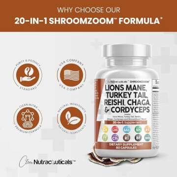 Clean Nutraceuticals Lions Mane 20in1 Mushroom Supplement with Turkey Tail Reishi Cordyceps Chaga Maitake Meshima Poria Cocos Shiitake Oyster Porcini Enoki - Pack