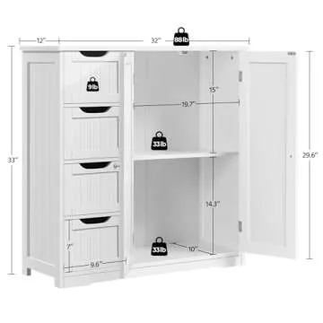 Yaheetech Wooden Bathroom Floor Cabinet, Side Storage Organizer Cabinet with 4 Drawers & Double Doors, Freestanding Entryway Storage Unit Console Table, Bathroom Furniture Home Decor, White