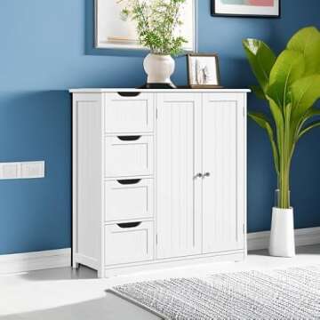 Yaheetech Wooden Bathroom Floor Cabinet, Side Storage Organizer Cabinet with 4 Drawers & Double Doors, Freestanding Entryway Storage Unit Console Table, Bathroom Furniture Home Decor, White