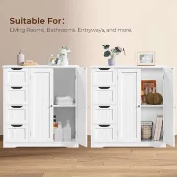 Yaheetech Wooden Bathroom Floor Cabinet, Side Storage Organizer Cabinet with 4 Drawers & Double Doors, Freestanding Entryway Storage Unit Console Table, Bathroom Furniture Home Decor, White