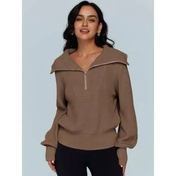 LILLUSORY Women's Half Zip Pullover Cotton Sweatshirts 2023 Casual Sweaters V Neck Knit Tops for Teen Girls Winter Clothing Khaki