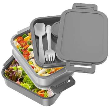Jelife Adult Bento Box Lunch Box - 3 Layers Stackable Bento Lunch Box for Adults, 72oz Large-Style All-in-One Bento Boxes Leak-Proof Lunchbox with Utensil Sauce Containers for Dining Out,Work, Grey