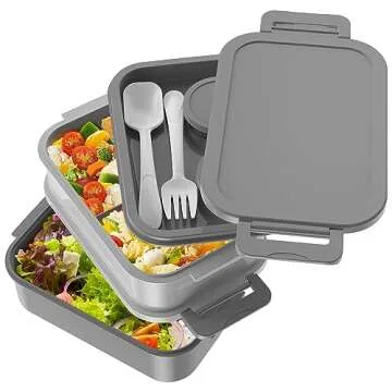 Jelife Adult Bento Box Lunch Box - 3 Layers Stackable Bento Lunch Box for Adults, 72oz Large-Style All-in-One Bento Boxes Leak-Proof Lunchbox with Utensil Sauce Containers for Dining Out,Work, Grey