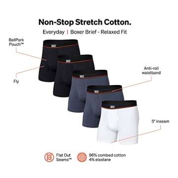 SAXX Underwear Co. Men's - Non-Stop Stretch Cotton Boxer Brief-Pack of 5 with Built-In Pouch Support and Fly Soft, Breathable Moisture Wicking, Black/Deep Navy/White, Large