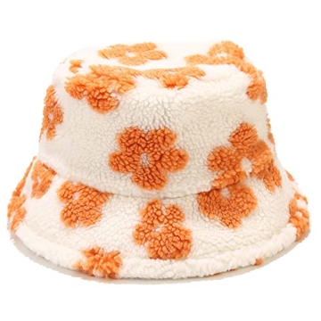 Winter Warm Plush Fuzzy Bucket Hat Faux Fur Daisy Flowers Shearling Fisherman Hats for Women (US, Al...