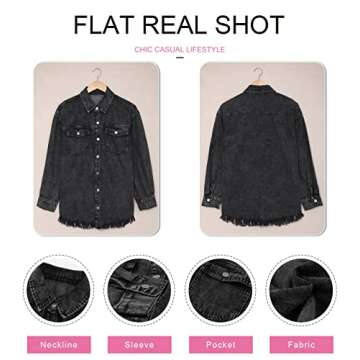 Dokotoo Women's Jean Jacket Oversized Button DownLong Sleeve Denim Shirts Spring Summer Shackets Distressed Ripped Denim Jackets Fray Hem Tassels Jean Jacket for Women with Pockets,US 4-6(S),Black