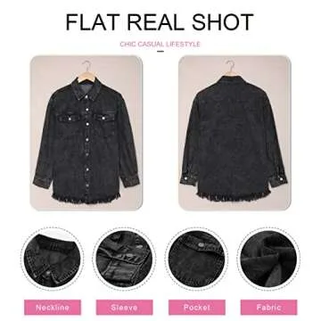 Dokotoo Women's Jean Jacket Oversized Button DownLong Sleeve Denim Shirts Spring Summer Shackets Distressed Ripped Denim Jackets Fray Hem Tassels Jean Jacket for Women with Pockets,US 4-6(S),Black