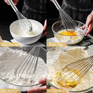 Ouddy Stainless Steel Whisk Set 8"+10"+12", Kitchen Whisk Balloon Whisks for Cooking Egg Beater Wire Wisk Wisking Tool for Blending Whisking Beating Stirring Baking