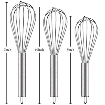 Ouddy Stainless Steel Whisk Set 8"+10"+12", Kitchen Whisk Balloon Whisks for Cooking Egg Beater Wire Wisk Wisking Tool for Blending Whisking Beating Stirring Baking