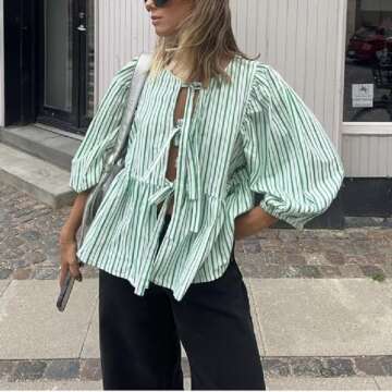 Women Y2K Puff Short Sleeve Peplum Shirts Tie Front Ruffle Hem Babydoll Blouse Tops Teen Girls Lace ...