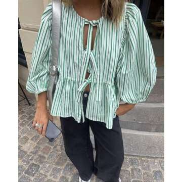 Women Y2K Puff Short Sleeve Peplum Shirts Tie Front Ruffle Hem Babydoll Blouse Tops Teen Girls Lace up Cute Summer Tops (Striped Green, M)