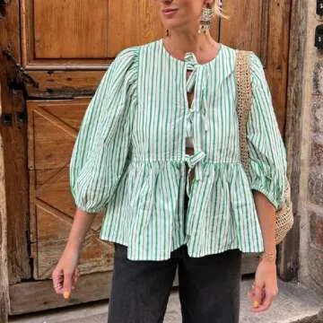 Women Y2K Puff Short Sleeve Peplum Shirts Tie Front Ruffle Hem Babydoll Blouse Tops Teen Girls Lace up Cute Summer Tops (Striped Green, M)