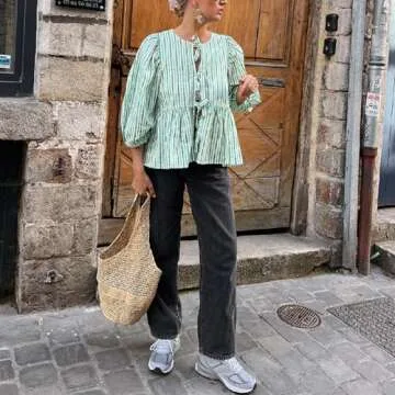 Women Y2K Puff Short Sleeve Peplum Shirts Tie Front Ruffle Hem Babydoll Blouse Tops Teen Girls Lace up Cute Summer Tops (Striped Green, M)