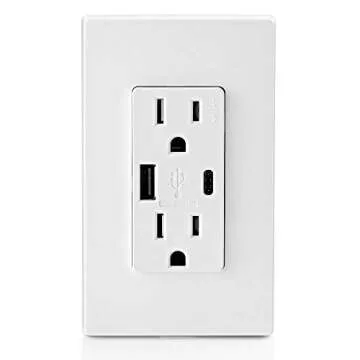 Leviton T5633-W Type A & Type-C USB In-Wall Charger with 15A Tamper-Resistant Outlet, USB Charger for Smartphones and Tablets, Not for Laptops, White