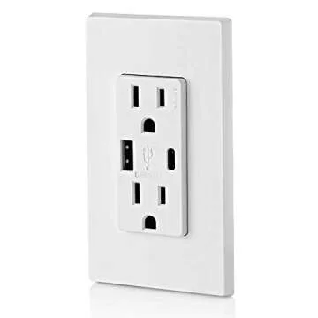 Leviton T5633-W Type A & Type-C USB In-Wall Charger with 15A Tamper-Resistant Outlet, USB Charger for Smartphones and Tablets, Not for Laptops, White