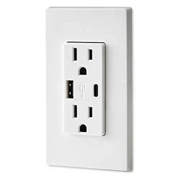 Leviton T5633-W Type A & Type-C USB In-Wall Charger with 15A Tamper-Resistant Outlet, USB Charger for Smartphones and Tablets, Not for Laptops, White