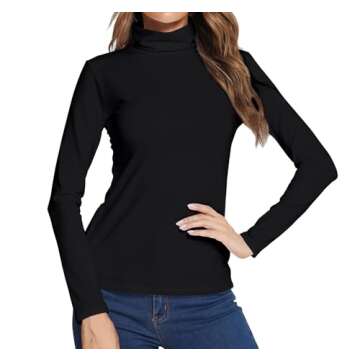 LOVFEE Women Basic Cotton Slim Fit Long Sleeve Soft Turtleneck T Shirt Tops(Black/L)