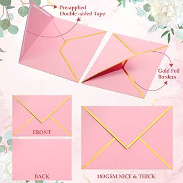 Epakh 100 Pack Valentine's Day A7 Envelopes with Gold Border 5 x 7 Envelopes for Invitations V Flap Self Adhesive Thick Mailing for Office Wedding Greeting Cards Birthday Bridal Shower(Pink)